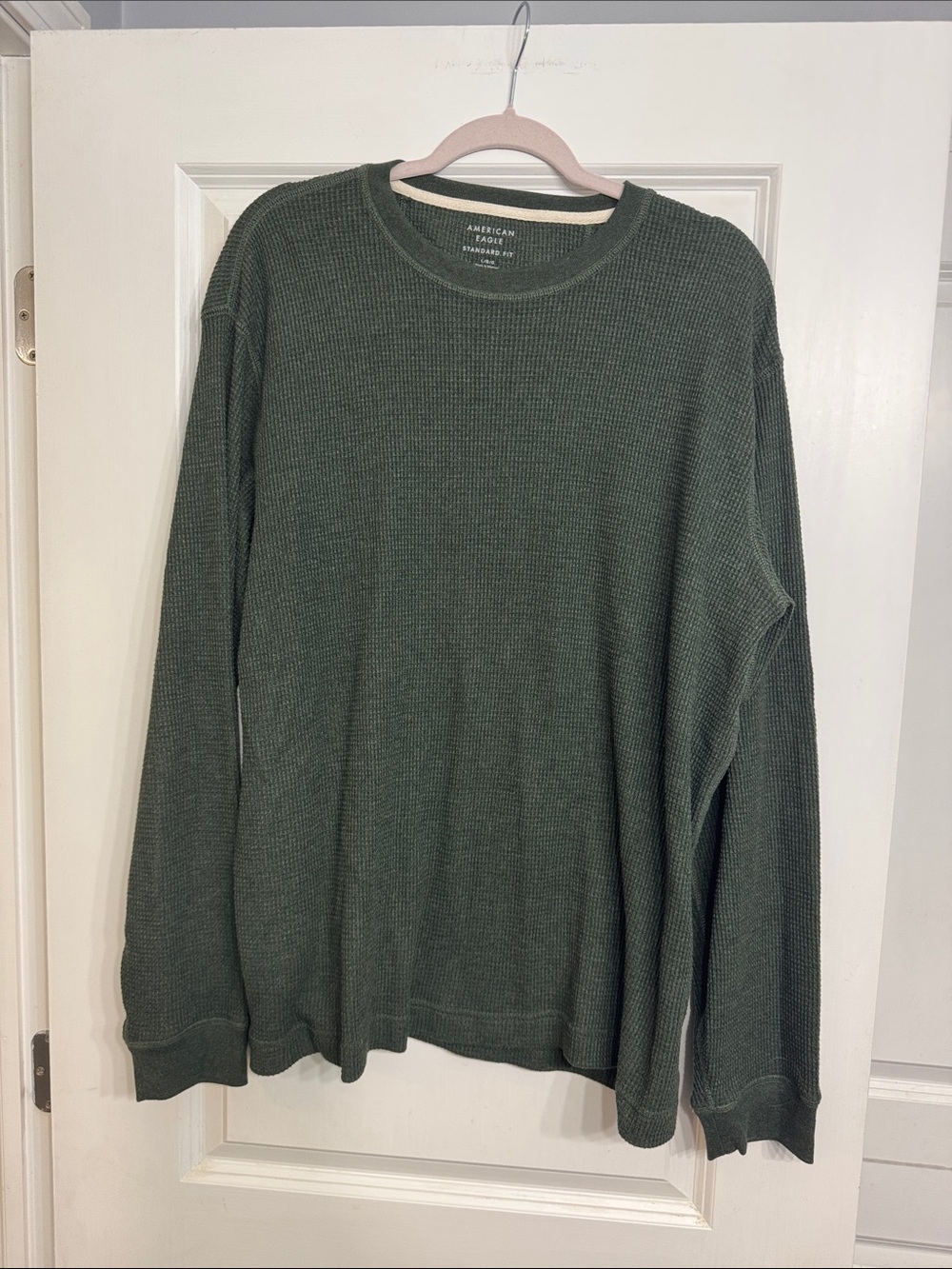 American Eagle Outfitters Men's Forest Green Waffle-Knit Long Sleeve Shirt